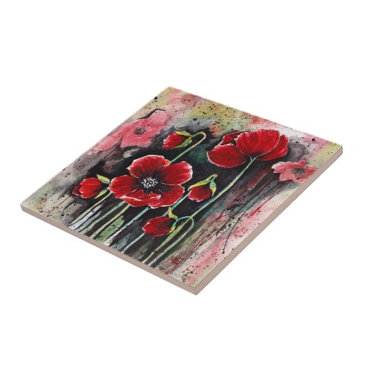 Mohnblumen in Aquarellfarben Fliese (Seite)