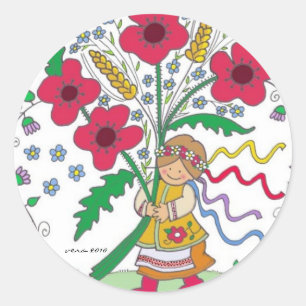 Mohnblumen-Mädchen-Ukrainer-Volkskunst Runder Aufkleber