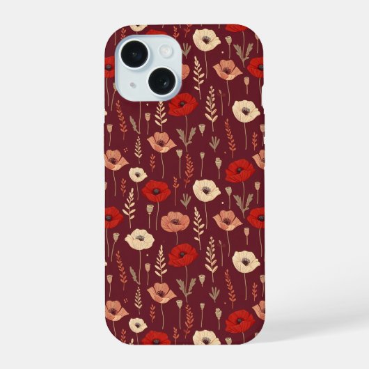 Mohnblumen-Muster iPhone 15 Hülle (Rückseite)