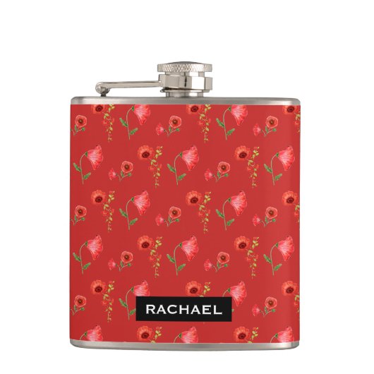 Mohnblumen Muster Personalised Flachmann (Vorderseite)