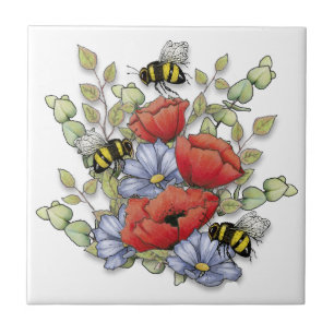 Mohnblumen und Bienen Digitale Zeichnung, Botanisc Fliese