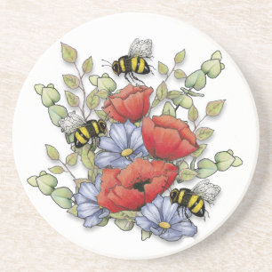 Mohnblumen und Bienen Digitale Zeichnung, Botanisc Getränkeuntersetzer