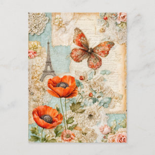 Mohnblumen und Schmetterling mit Eiffelturm Feiertagspostkarte