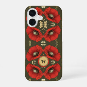 Mohnblumen Vintage Gold Rot Art Nouveau Monogramm iPhone 16 Hülle