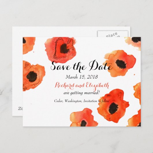 Mohnblüte im Frühjahr Hochzeit Sichern Sie das Dat Ankündigungspostkarte (Vorne/Hinten)