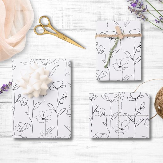 Mohnblüte Schwarz-Weiß-Minimalistische Wildblume Geschenkpapier Set