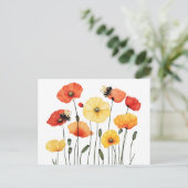 Mohnblüten mit Niedlichen Hummeln Postkarte (Stehend Vorderseite)