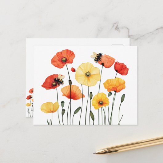 Mohnblüten mit Niedlichen Hummeln Postkarte (Vorderseite/Rückseite Beispiel)