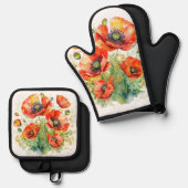 Mohnblüten Pflanze Wildblumen Rote Pflaumen Ofenhandschuh & Topflappen-Set (Vorderseite/Rückseite)