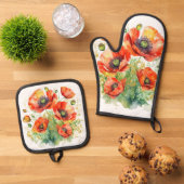 Mohnblüten Pflanze Wildblumen Rote Pflaumen Ofenhandschuh & Topflappen-Set (Oben Unten)