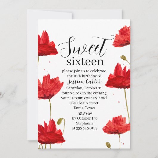 Mohnblütenblüten Süß 16 16 Einladung (Vorderseite)