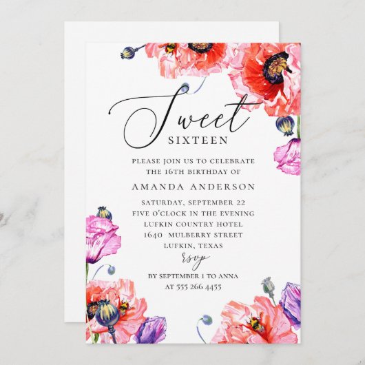 Mohnblütenmohn 16. Eleganter 16. Geburtstag Einladung (Vorne/Hinten)