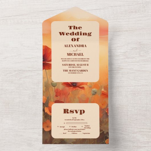 Mohnblütenmohn-Minimalistische moderne Hochzeit All In One Einladung (Innen Boden)