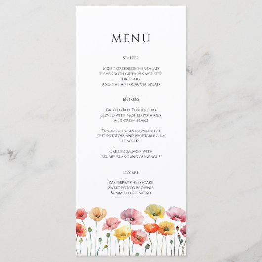 Mohnfarbene Blume Hochzeitsmenü Menükarte (Vorderseite)