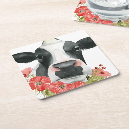 Mohnfarm - Kuh mit Blume Rechteckiger Pappuntersetzer (angewinkelt)