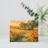 Mohnfeld Cottage mit Holzpfad Postkarte (Stehend Vorderseite)