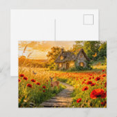 Mohnfeld Cottage mit Holzpfad Postkarte (Vorne/Hinten)