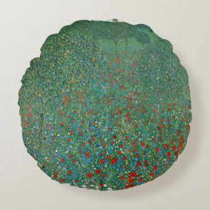Mohnfeld von Gustav Klimt, Vintage Art Nouveau Rundes Kissen