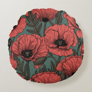 Mohngarten in Korallen, Braun und Pinienwäldern Rundes Kissen