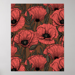 Mohngarten in Korallen und Braun Poster