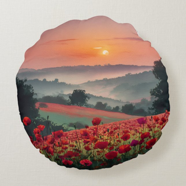 Mohnlandschaft. Rundes Kissen (Rückseite)