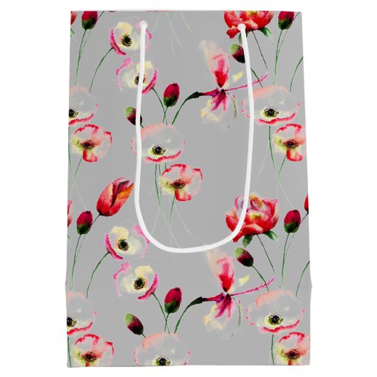 Mohnmuster auf Grau Mittlere Geschenktüte (Rückseite)