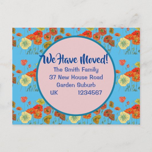 Mohnmuster neue Adresse Postcard, wir bewegen uns Postkarte (Vorderseite)