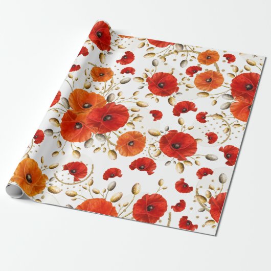 Mohnrot Blume Orange Glam Weißer Goldmetall Geschenkpapier (Ungerollt)