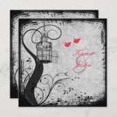 Mohnrot, graue Birdcage Lovebirds Hochzeitsempfang Einladung (Vorne/Hinten)