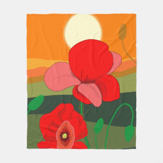 Mohnwiese bei Sonnenuntergang Fleecedecke (Vorderseite)