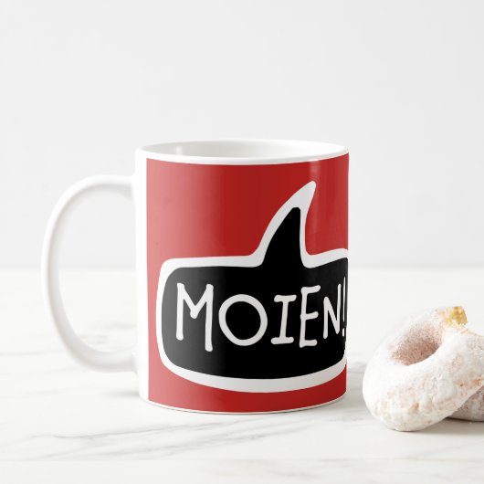 MOIEN! Luxemburger Grußwort-Blase Kaffeetasse (Mit Donut)