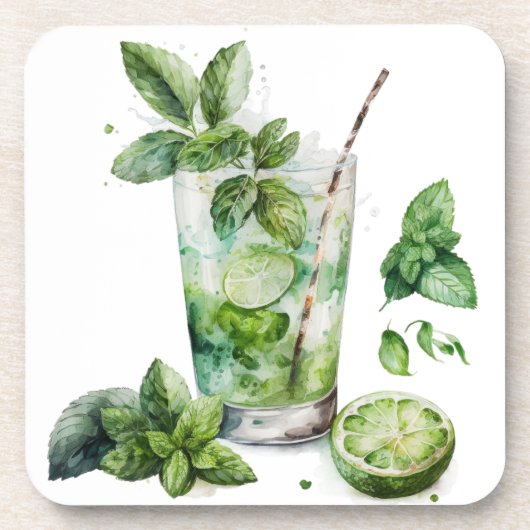 MOJITO-WASSERGLAS MIT MINT GETRÄNKEUNTERSETZER (Vorderseite)