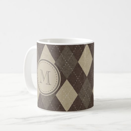 Mokka Chocca Brown Rauten-Muster mit Monogramm Kaffeetasse (Vorderseite Links)