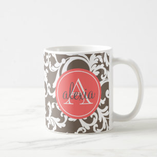 Mokka und korallenroter mit Monogramm Damast-Druck Kaffeetasse