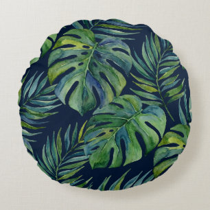 Moku-Insel Hawaiianische Aquarell-Monstera - Navy Rundes Kissen
