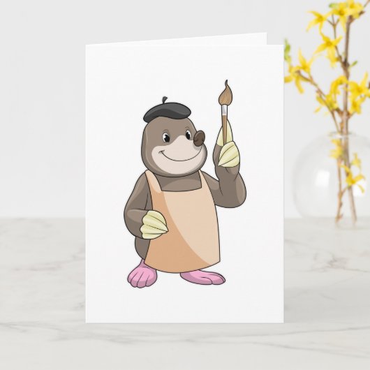 Mole als Maler mit Pinsel Karte (Gelbe Blume)