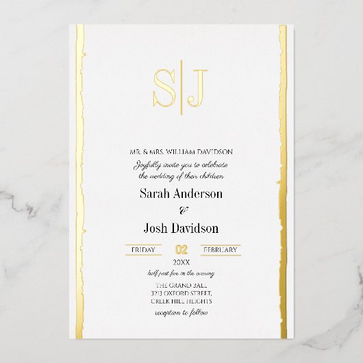 Molkenkorrektur Einfache White Monogram Hochzeit Folieneinladung (Vorderseite)