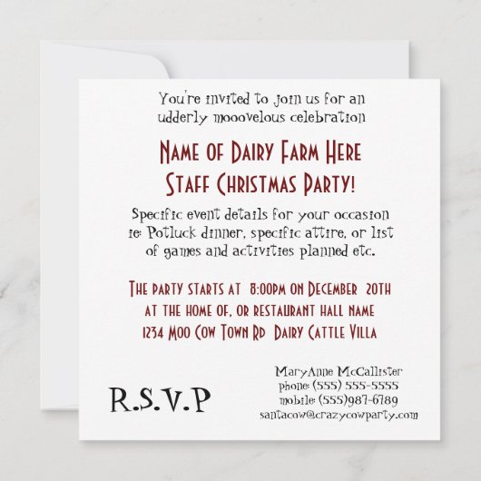 Molkerei-Personal-WeihnachtsParty Einladung (Rückseite)