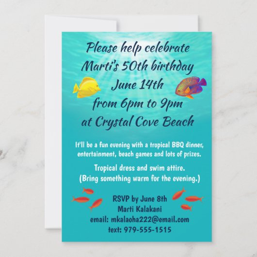 Molokini Cove Hawaiian Tropical Fish Turtle Luau Einladung (Rückseite)