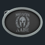 Molon Labe Schmutz-spartanische Rüstung Ovale Gürtelschnalle<br><div class="desc">Ein maskieren spartanische Kriegersrüstung Molon Labe Lorbeer schwarze Grafik des Ausdrucks auf einer feinen kundenspezifischen Geschenkidee. Kommen Sie sie erhalten! Ist hier eine Auswahl kundenspezifischer Molon Labe Entwürfe, die auf feinen gestickten Gang- und Geschenkideen für jeder verfügbar sind. Verwenden Sie die Verbindung "fragen dieses Designers", um mit uns mit Ihren...</div>