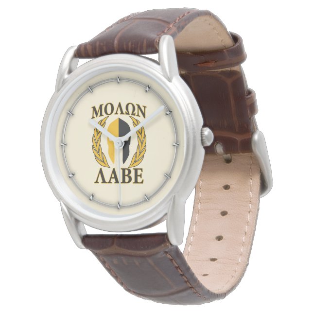 Molon Labe Spartan Helmet Laurels Warm Beige Armbanduhr (Schrägansicht)