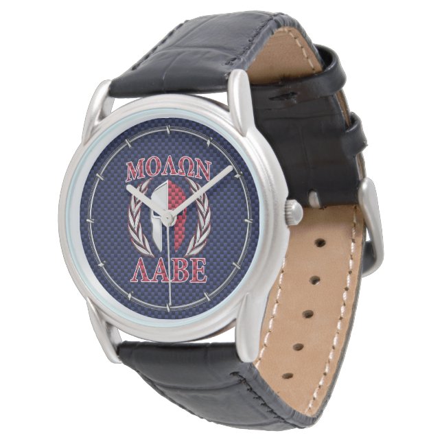 Molon Labe Spartan Warrior Blue Carbon Fibre Print Armbanduhr (Schrägansicht)