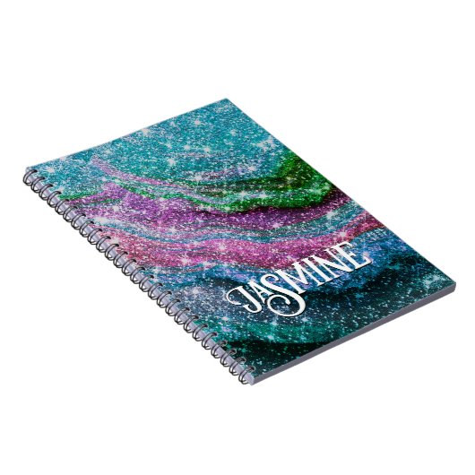 Molsikblau, lila Glitzer, Monogramm Notebo Notizblock (Rechte Seite)