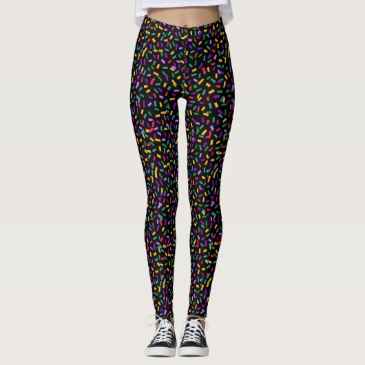molticfarbene Konfetti auf schwarzen Mardi-Gras Leggings (Vorderseite)
