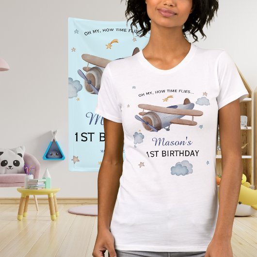 Mom Airplane Time Flies 1st Birthday T-Shirt
