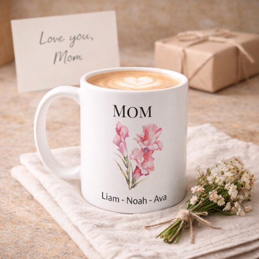 Mom August Birth Flower with Kids Names Kaffeetasse