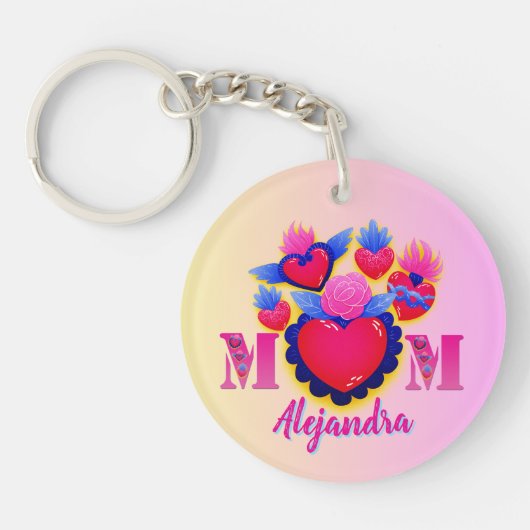 MOM Corazones rosas de Mamá Editable Nombre Schlüsselanhänger (Vorderseite)