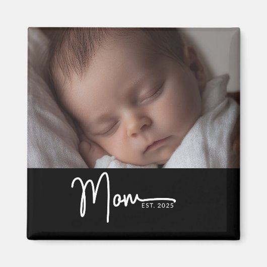 Mom Established Black Modern Script Photo Gift Magnet (Vorne)