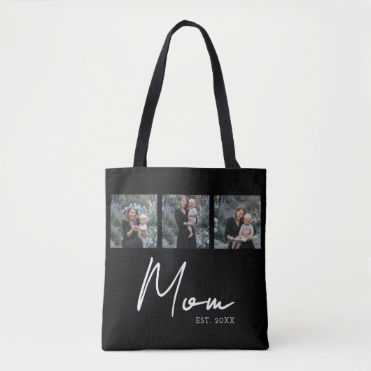 Mom Established Black Modern Script Photo Tote Bag Tasche (Vorderseite)