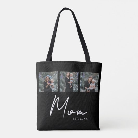 Mom Established Black Modern Script Photo Tote Bag Tasche (Rückseite)